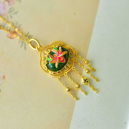 925 Silver Inlaid Hetian Green Nephrite "Orchid Heart & Iris Quality" Jewelry Set