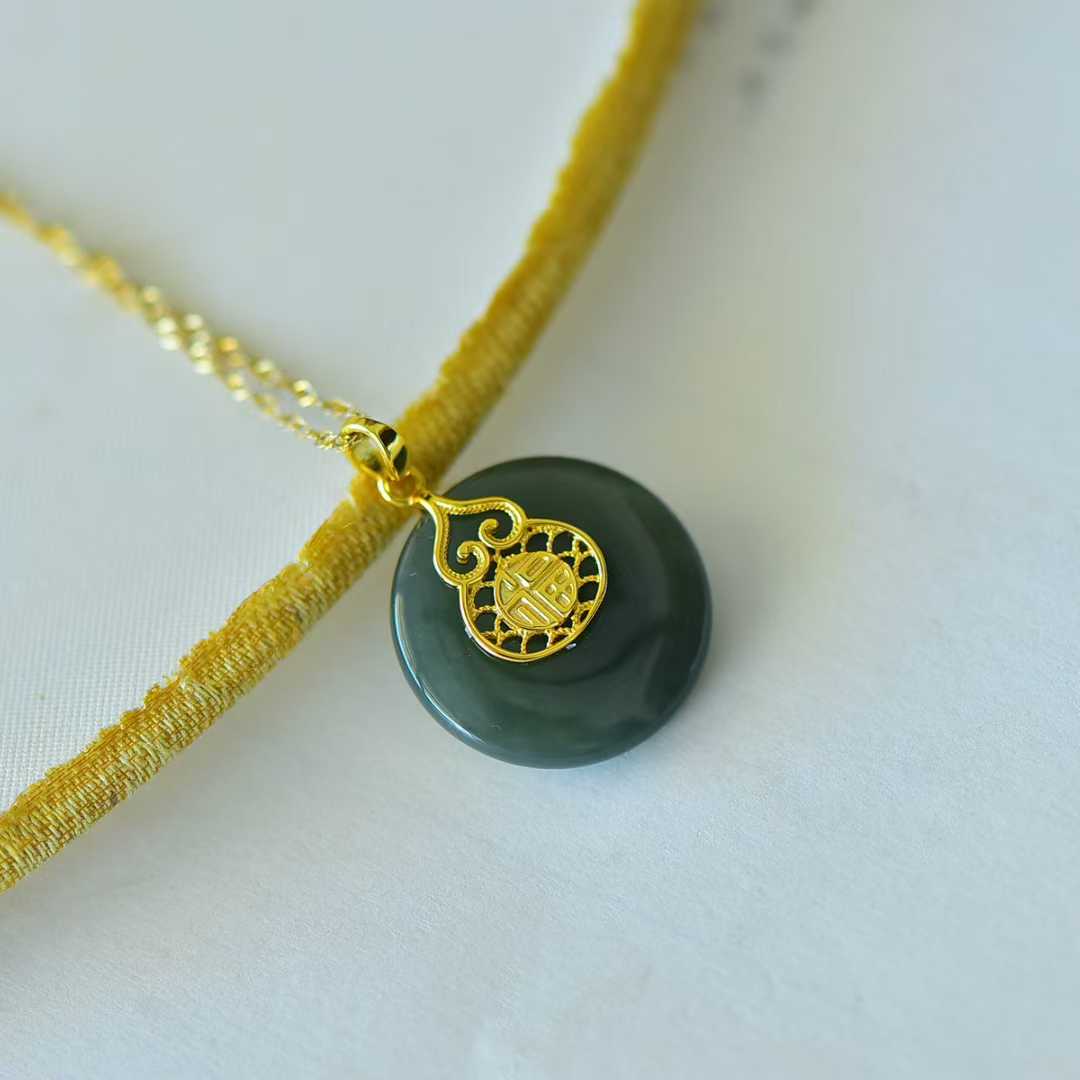 925 Silver Inlaid Hetian Nephrite "Peace Buckle & Gourd" Pendant