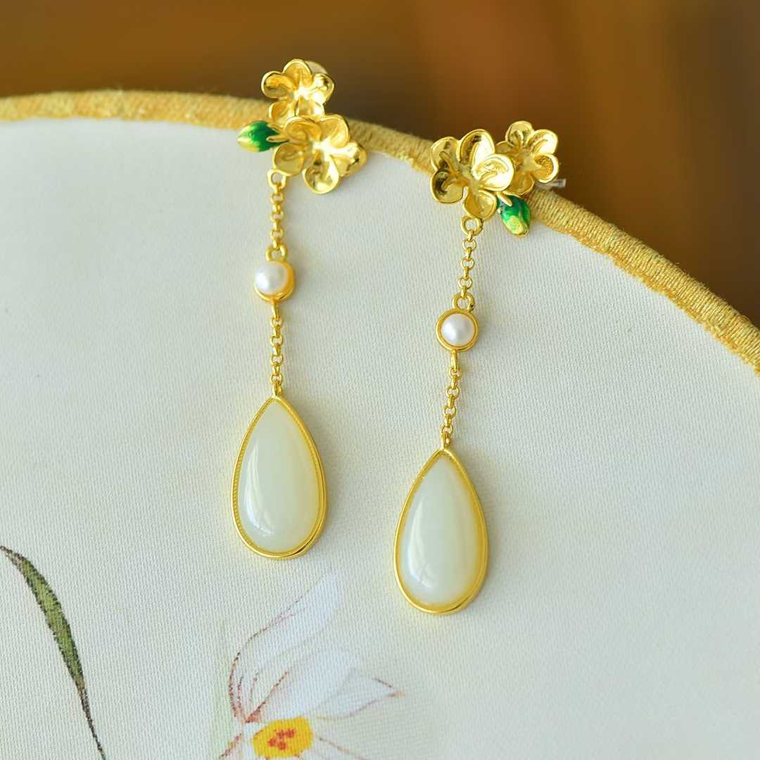 925 Silver Inlaid Nephrite "Blossoming Peach Flowers" Stud Earrings