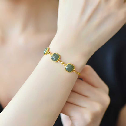 925 Silver Inlaid Hetian Green Nephrite Bracelet