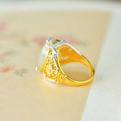 925 Silver Inlaid Hetian Nephrite "Two Dragons Bringing Auspiciousness" Ring