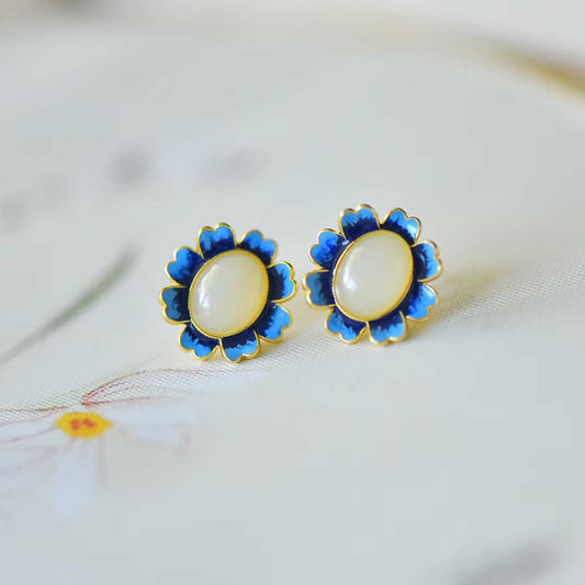 925 Silver Inlaid Nephrite "Whisper of Blue Flowers" Stud Earrings