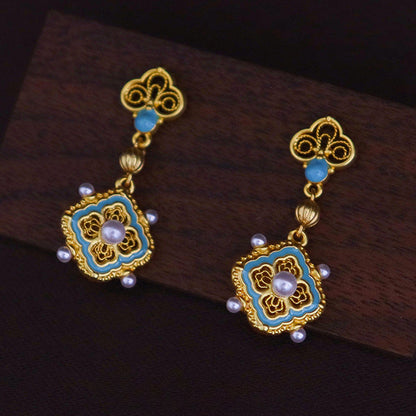 Pendientes de perlas de trébol de cuatro hojas de estilo antiguo chino de alta gama