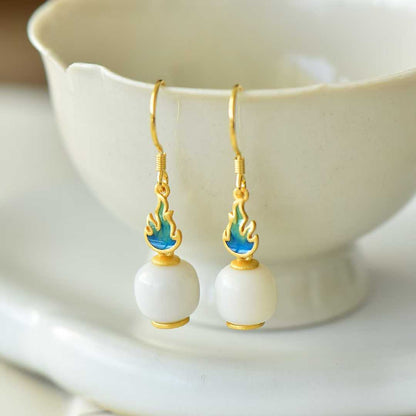 925 Silver Inlaid Hetian Nephrite Fine Material Barrel Bead "Everlasting Vitality" Enamel Earrings