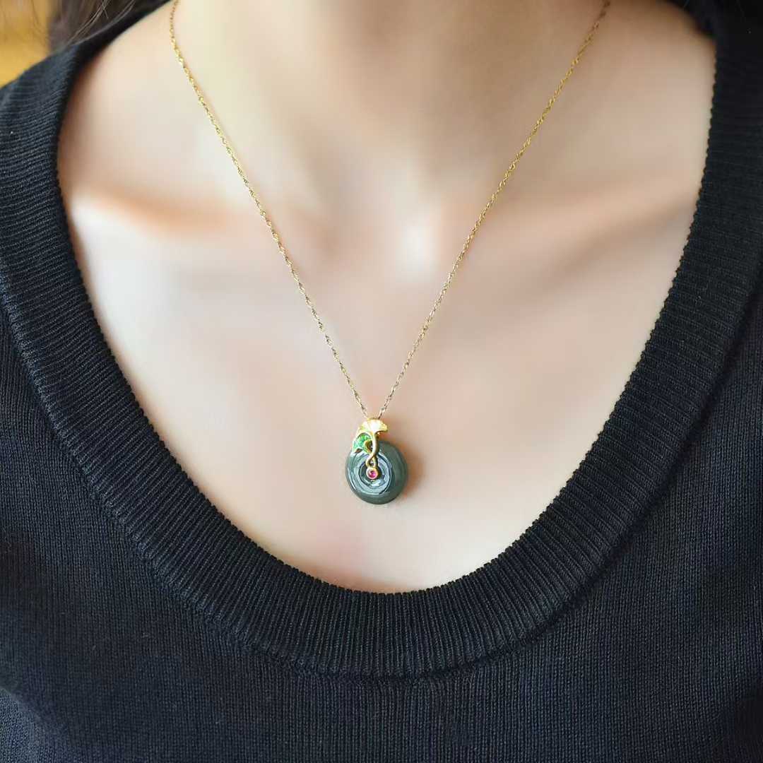 925 Silver Inlaid Hetian Nephrite "Peace Buckle & Lifetime of Good Fortune" Pendant/Jewelry Set