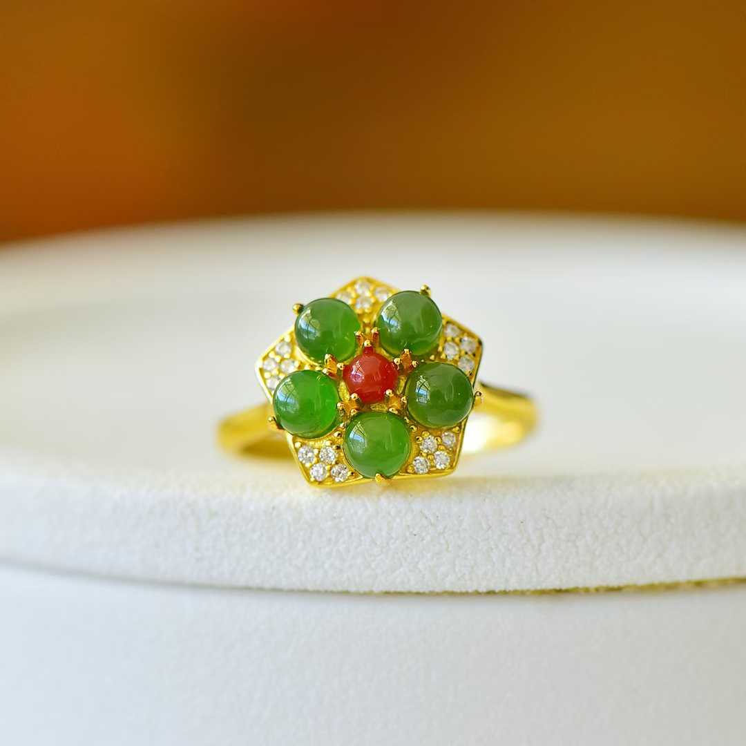 925 Silver Inlaid Hetian Green Nephrite Five-Petal Flower Ring