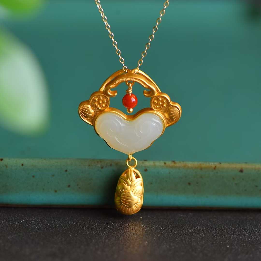 Vintage-Style Silver Inlaid Nephrite "Ruyi" and "Yingluo" Pendant