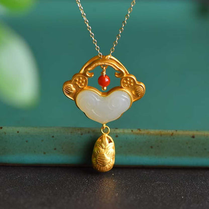 Vintage-Style Silver Inlaid Nephrite "Ruyi" and "Yingluo" Pendant