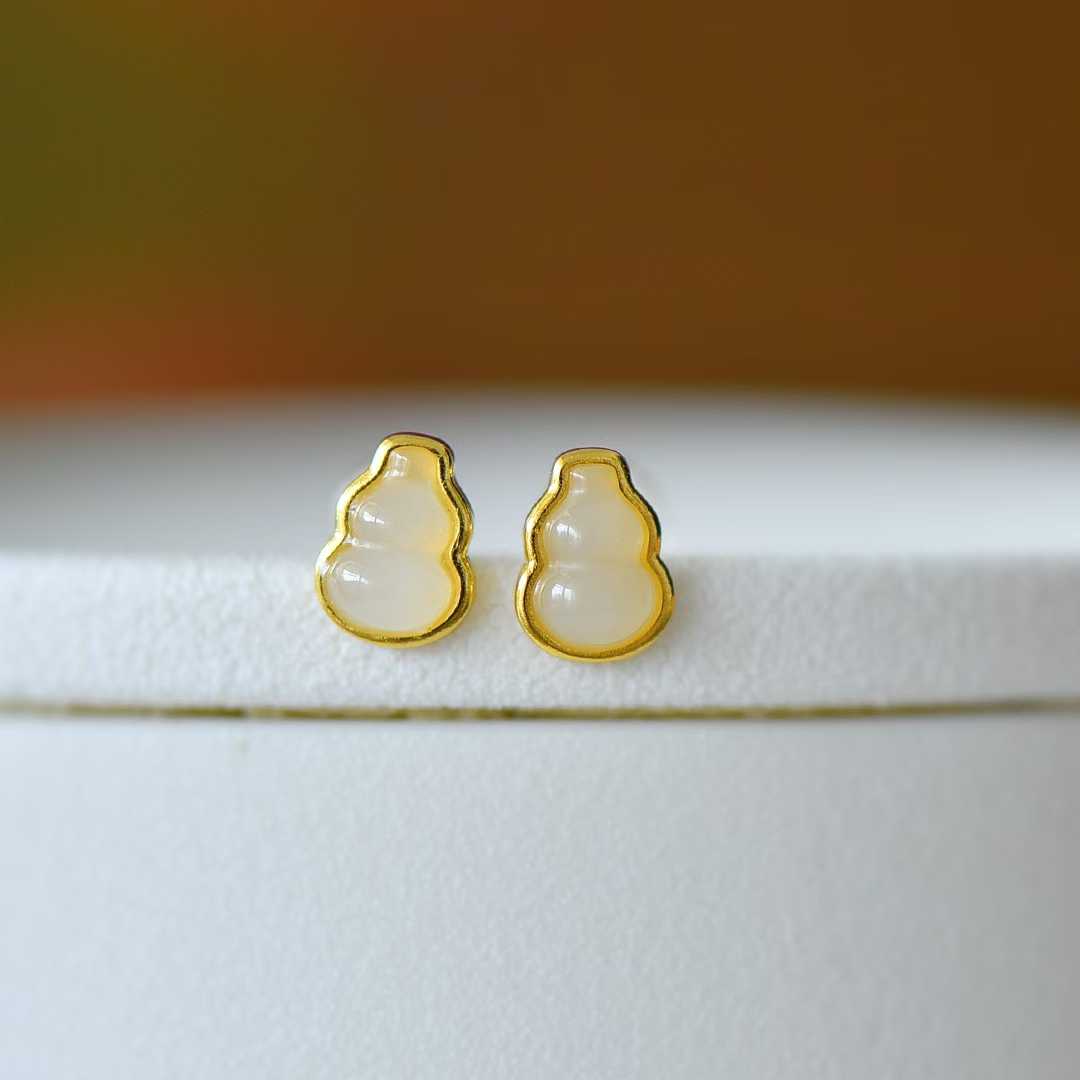 925 Silver Inlaid White Hetian Nephrite "Gourd for Double Blessings (Prosperity & Fortune)" Stud Earrings