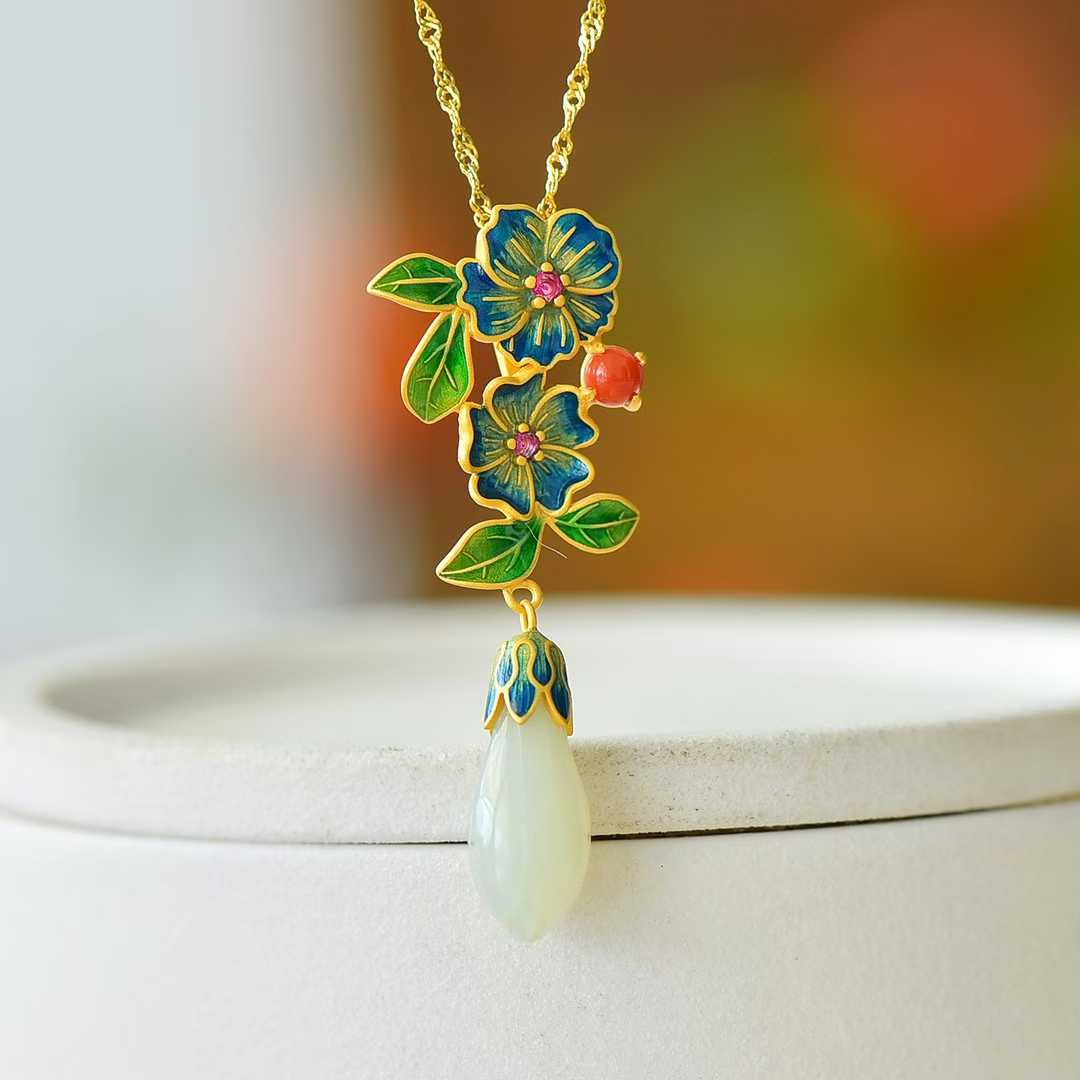 925 sterling silver Hetian nephrite magnolia Ruyi blossoming fortune retro pendant - WeiLin Jewelry
