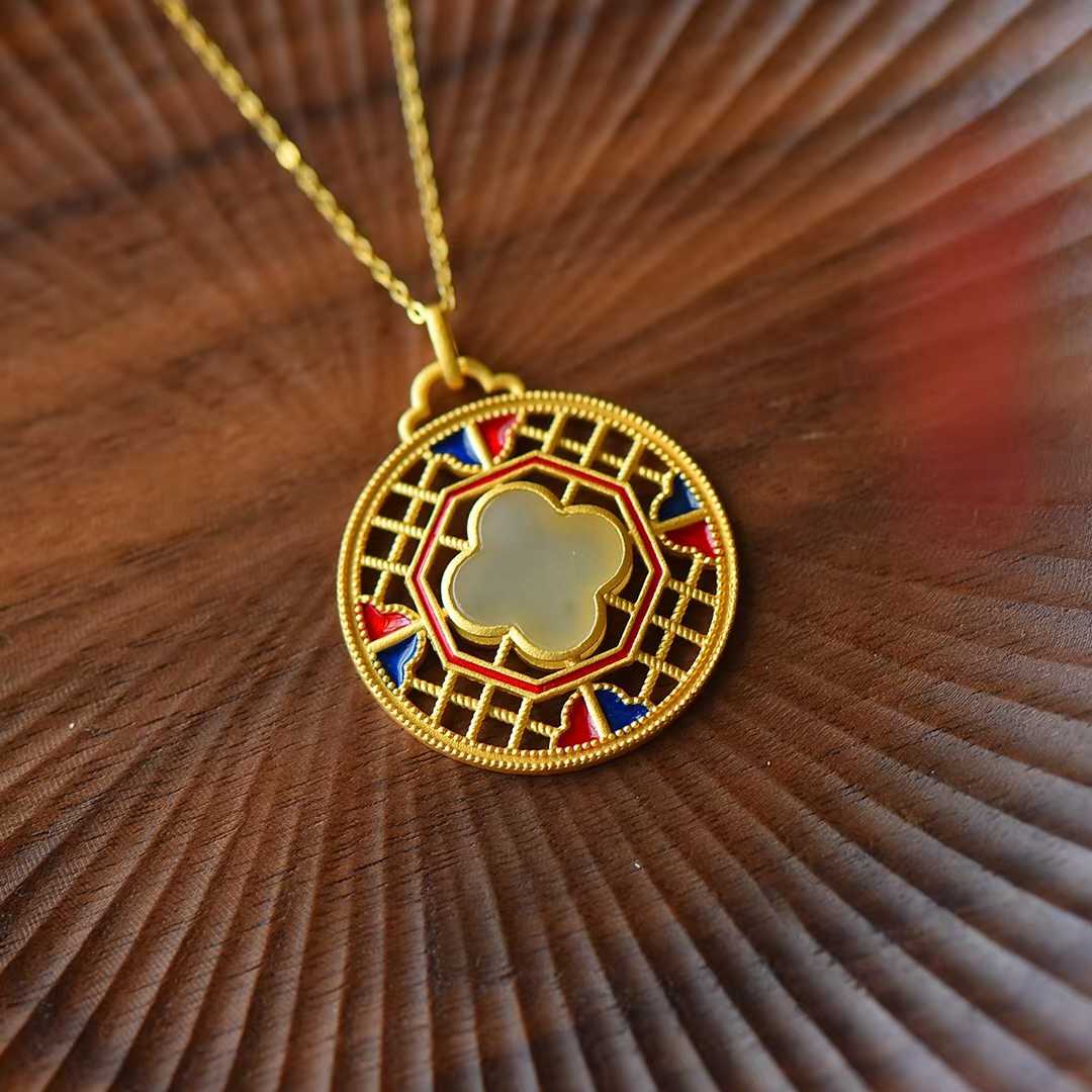 925 Silver Inlaid Nephrite Enamel Four-Leaf Clover Pendant