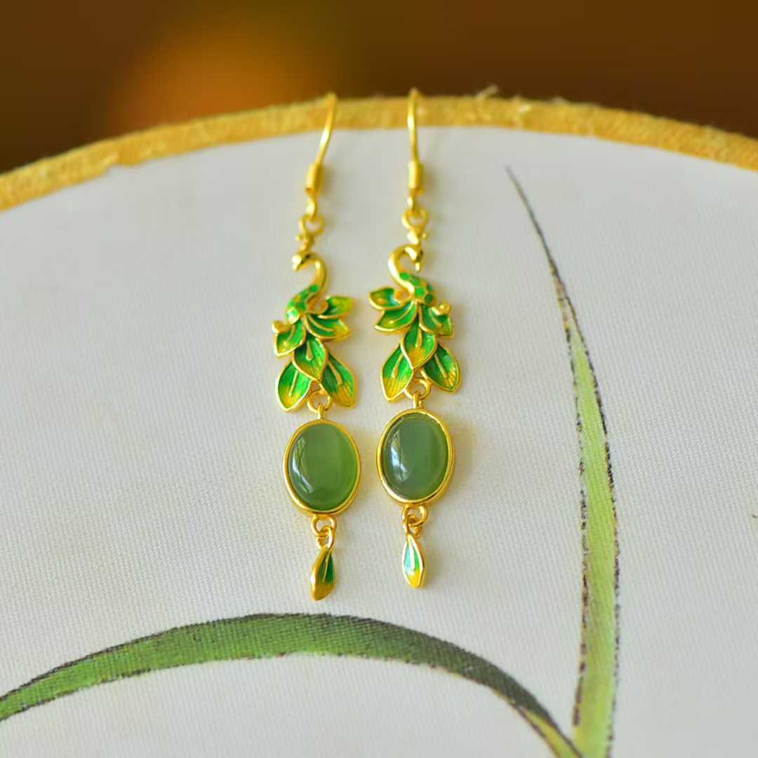 925 Silver Inlaid Hetian Jadeite (Jasper) "Peacock Feather" Earrings