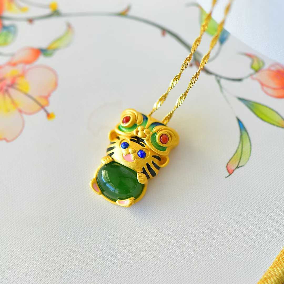 925 Silver-Inlaid Hetian Green Jade Cabochon Pendant with "Auspicious Tiger Exuding Power" Design & Enamel Accents
