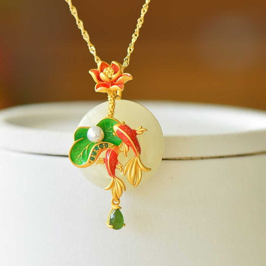925 Silver-Inlaid Hetian Jade Enamel Pendant with "Ping'an Kou" (Peace Buckle) & "Two Fish Playing Among Lotus" Design