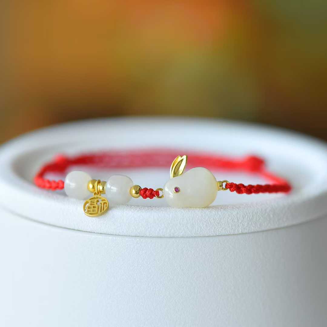 925 Silver Inlaid Hetian Nephrite "Rabbit & Red Cord - Multi-Gem & Multi-Blessings" Jewelry Set