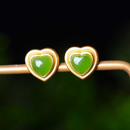 925 Silver Inlaid Hetian Spinach Green Nephrite Heart-Shaped Stud Earrings