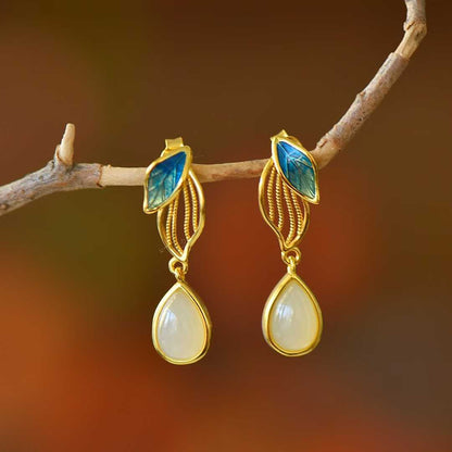 925 Silver Inlaid Hetian Nephrite "Golden Branch & Jade Leaf" Earrings