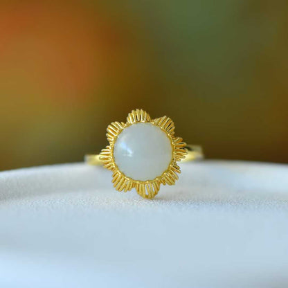 925 Silver Inlaid Hetian Nephrite "Round Drum & Plain Silver Hollow-Out" Ring