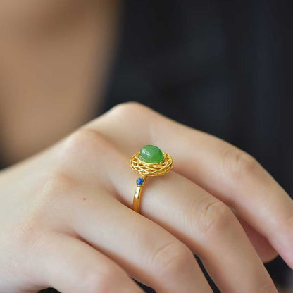 925 Silver Inlaid Hetian Spinach Green Nephrite Filigree-Wrapped Ring