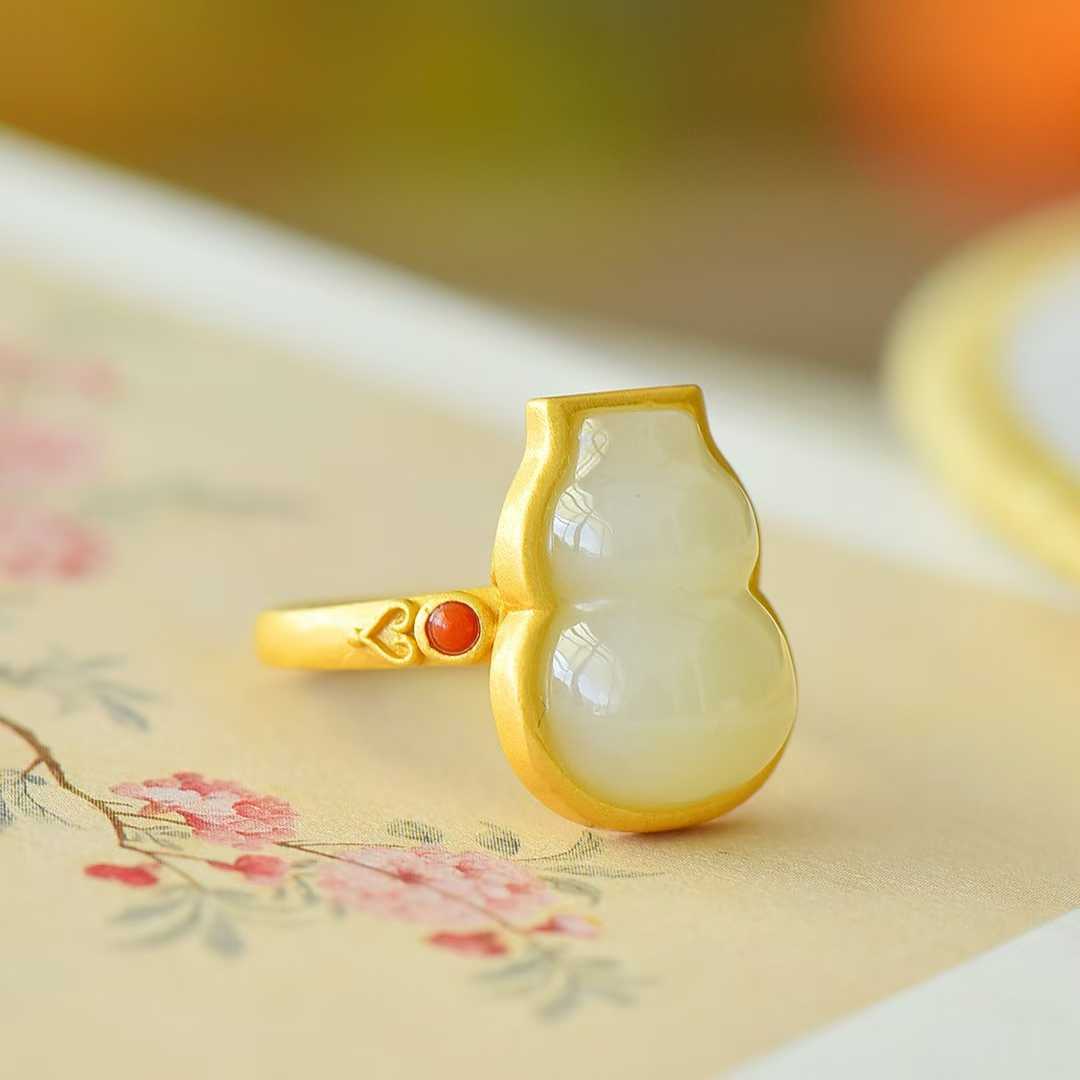925 Silver Inlaid Hetian White Nephrite Gourd Ring