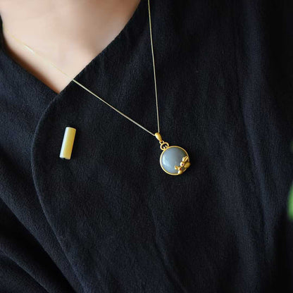 925 Silver Inlaid Hetian Nephrite "Smoky Gray Round Drum Rabbit" Pendant