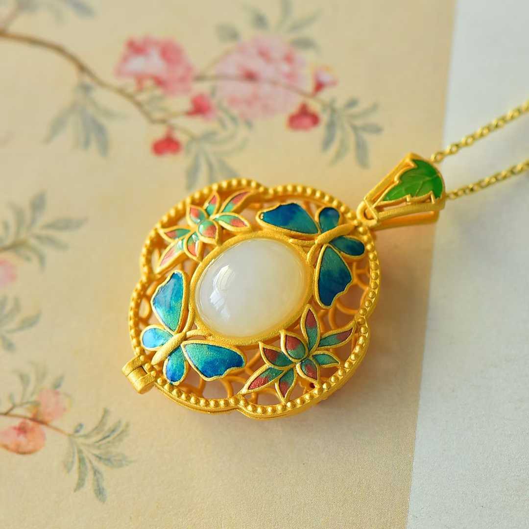 925 Silver-Inlaid Hetian Jade Pendant with Enameled Zircon, "Two Butterflies Flying Together" Design & Scent Sachet Compartment