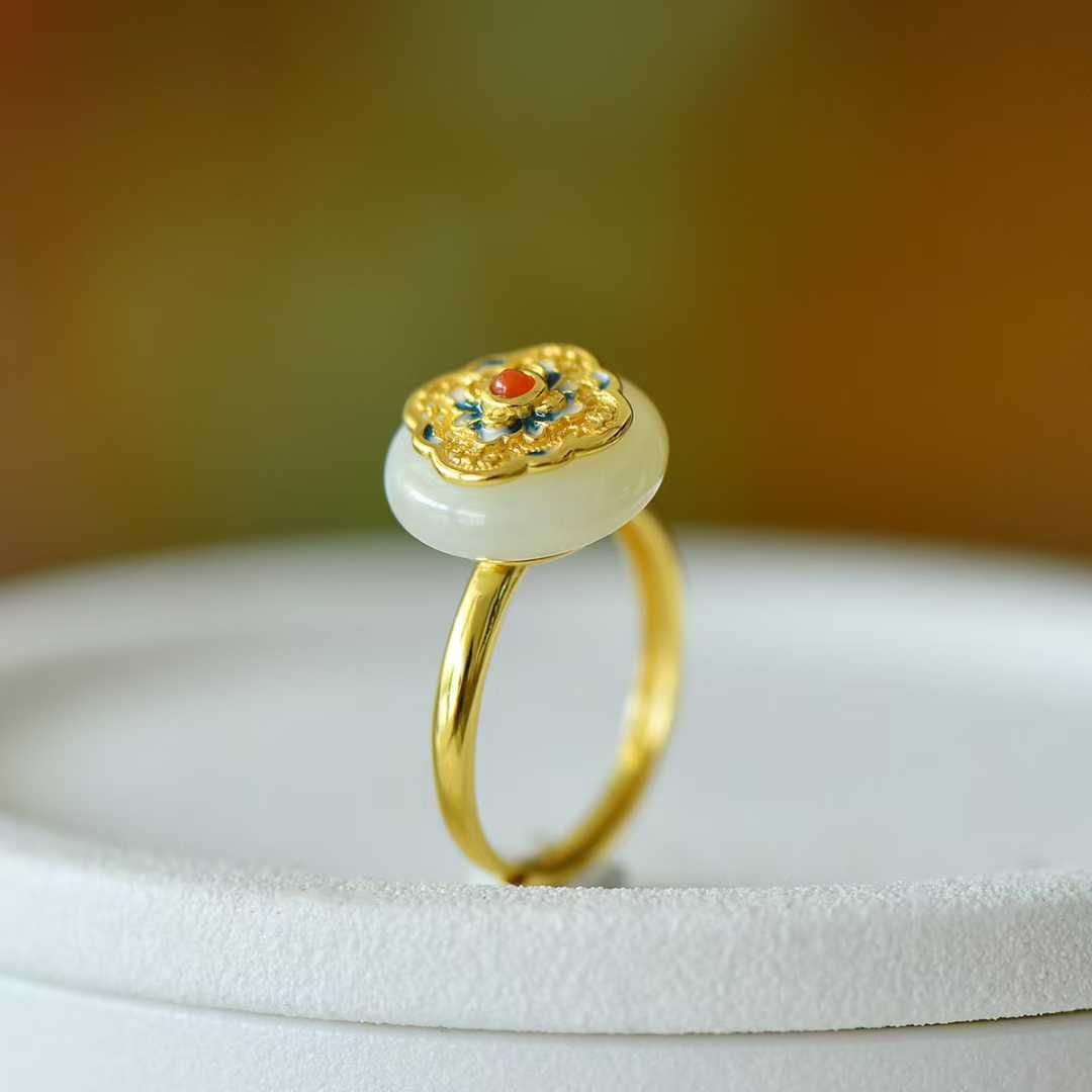 925 Silver Inlaid Hetian Nephrite "Blooming Prosperity & Peace Buckle" Jewelry Set