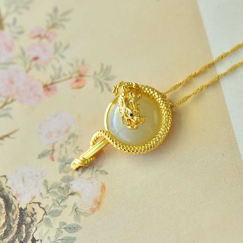 925 Silver-Inlaid Hetian Jade Pendant with Round Drum-Shaped Surface & "Dragon Soaring Across the Four Seas" Design