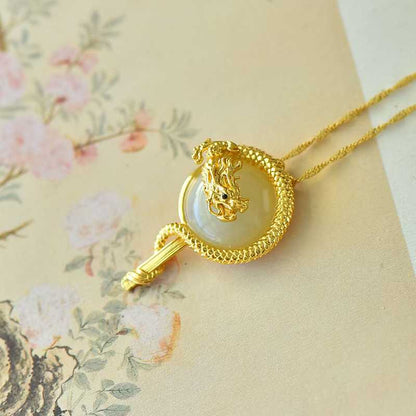 925 Silver-Inlaid Hetian Jade Pendant with Round Drum-Shaped Surface & "Dragon Soaring Across the Four Seas" Design