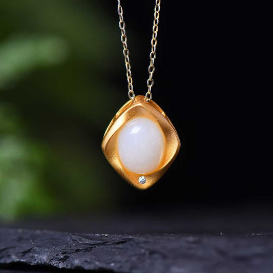 925 Silver Inlaid Hetian Nephrite "Thick Matte Gold & Small Ruyi" Pendant