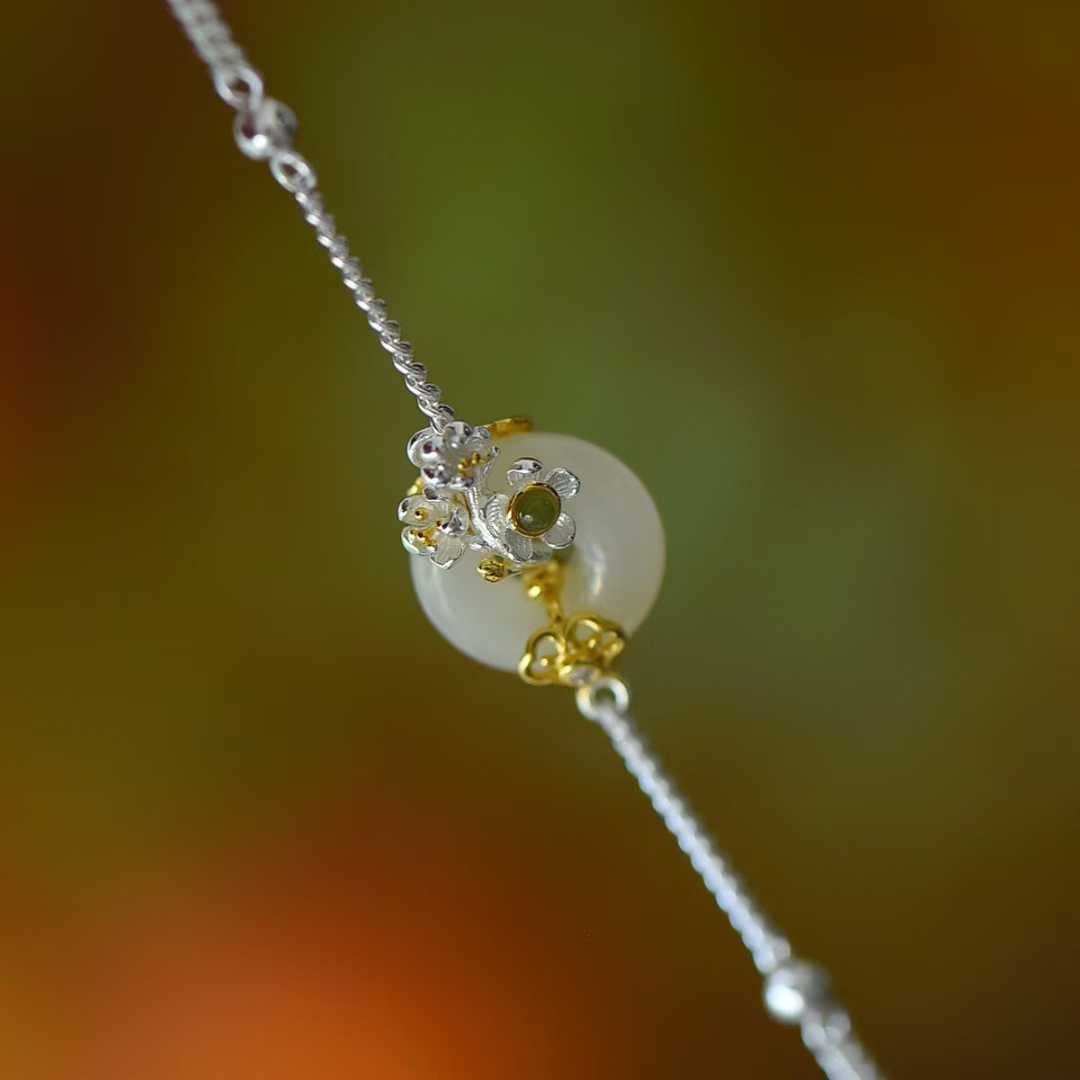925 Silver Inlaid Hetian Nephrite "January Plum Blossom (Twelve Flower Gods)" Jewelry Set