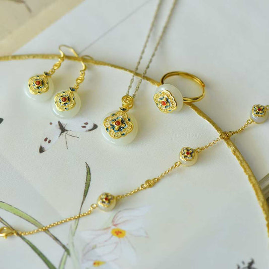 925 Silver Inlaid Hetian Nephrite "Blooming Prosperity & Peace Buckle" Jewelry Set