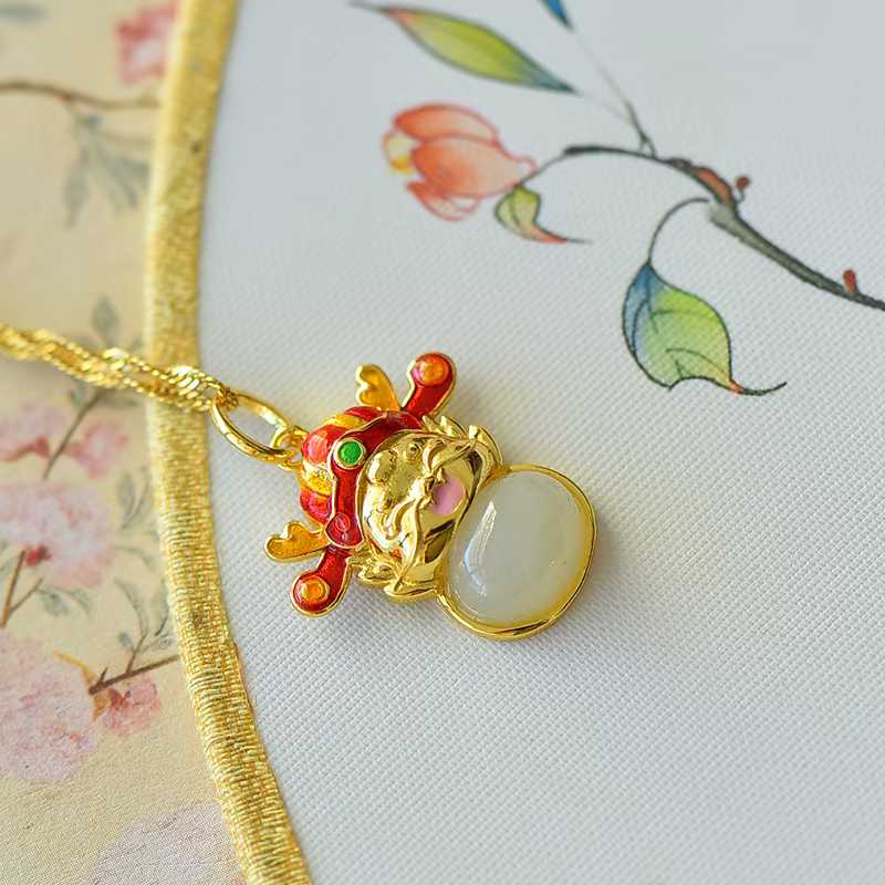 925 Silver Inlaid Hetian Nephrite "Peace Buckle & Rolling Wealth" God of Wealth Dragon Pendant