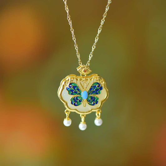 925 Silver Inlaid Hetian Nephrite "Ruyi Lock & Dream Butterfly" Pendant