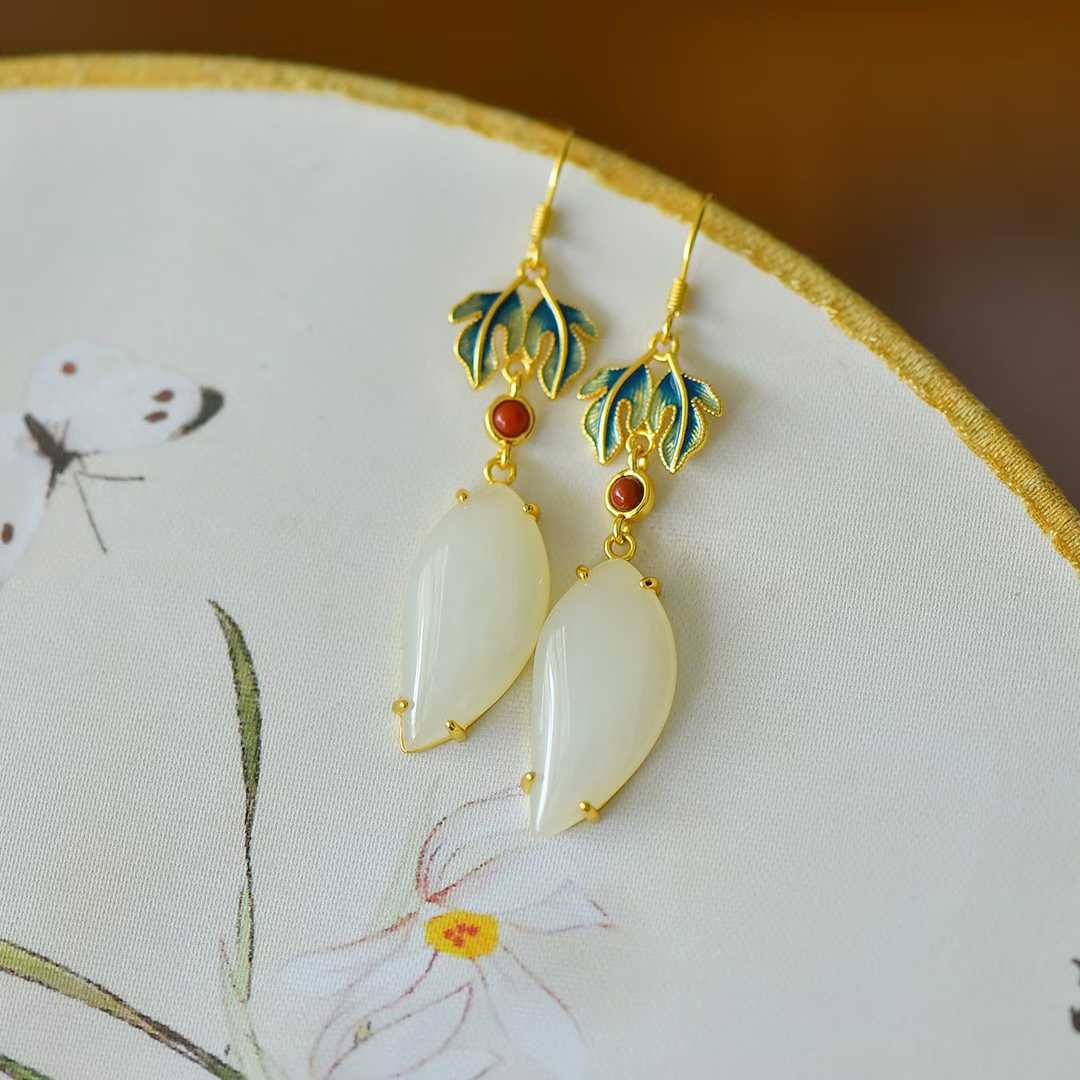 925 Silver Inlaid White Hetian Nephrite "Great Achievement" Willow Leaf Dangle Earrings