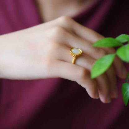 925 Silver Inlaid Hetian Jade Yuanbao Ring