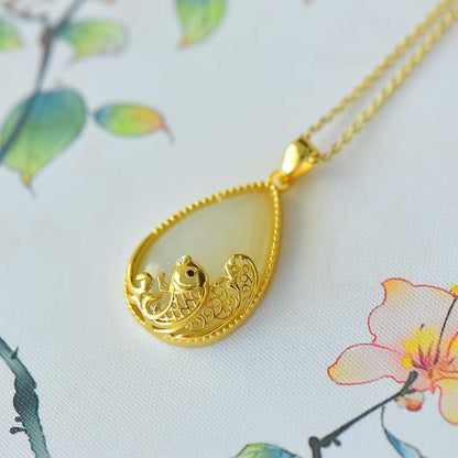 925 Silver Inlaid Hetian Nephrite "Year of Abundance (Fish) & Teardrop" Pendant