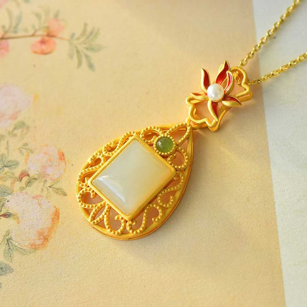 925 Silver Inlaid Nephrite Daffodil Filigree Pendant