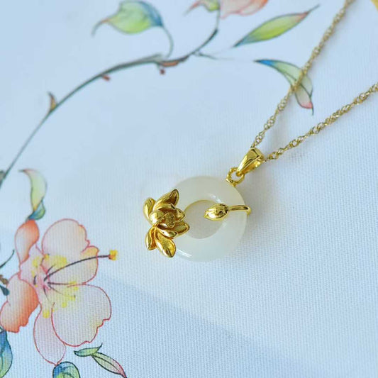 925 Silver Inlaid Hetian Nephrite Peace Ring & Lotus Pendant