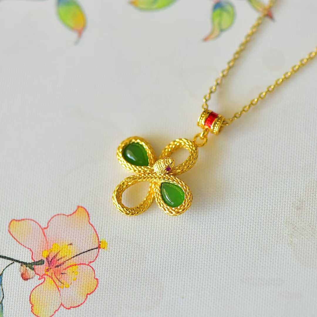 925 Silver Inlaid Hetian Green Nephrite "Lucky Snake Presenting Blessings" Four-Leaf Clover Pendant