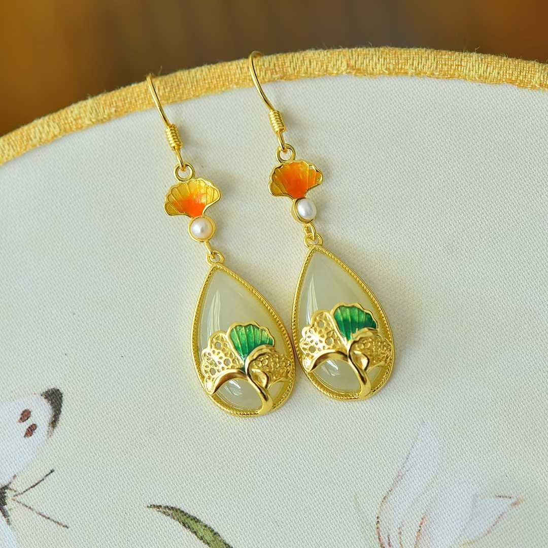 925 Silver Inlaid Nephrite "Destiny in Apricots" Teardrop Earrings