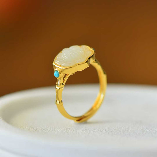 S925 Silver Inlaid Hetian Nephrite "Silver Lotus & Ruyi" Ring