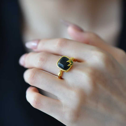 S925 Silver & Hetian Black Nephrite "Small Square Sugar" with Bamboo Joint Ring