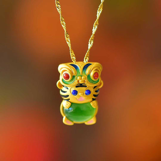 925 Silver-Inlaid Hetian Green Jade Cabochon Pendant with "Auspicious Tiger Exuding Power" Design & Enamel Accents