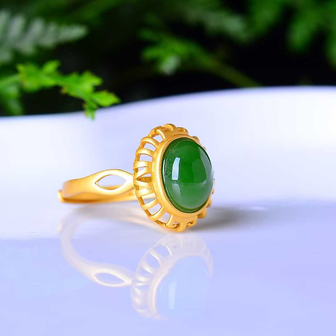 925 Silver Inlaid Enamel and Hetian Jade Cabochon Ring