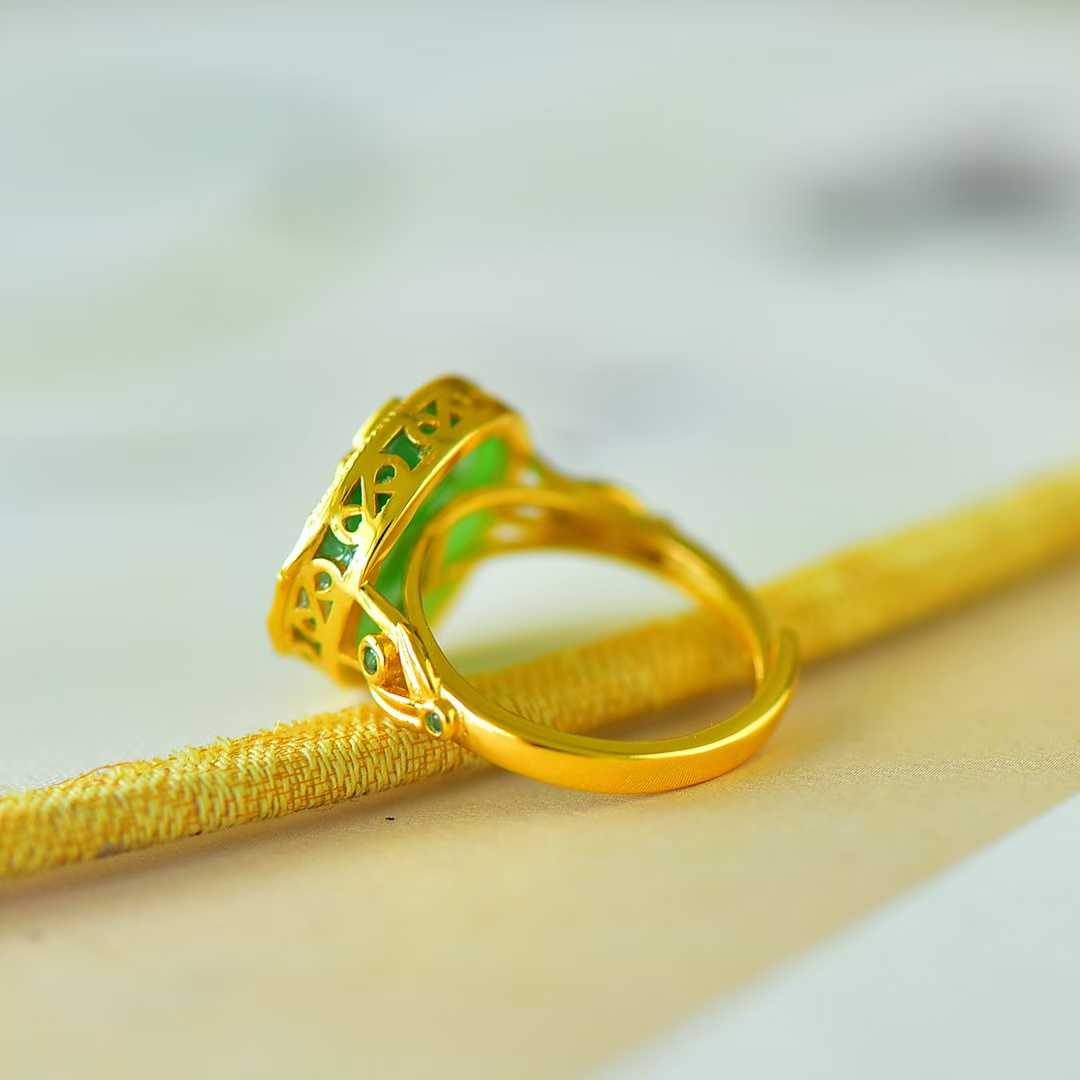 925 Silver Inlaid Green Jadeite "Steady Progress" Ring