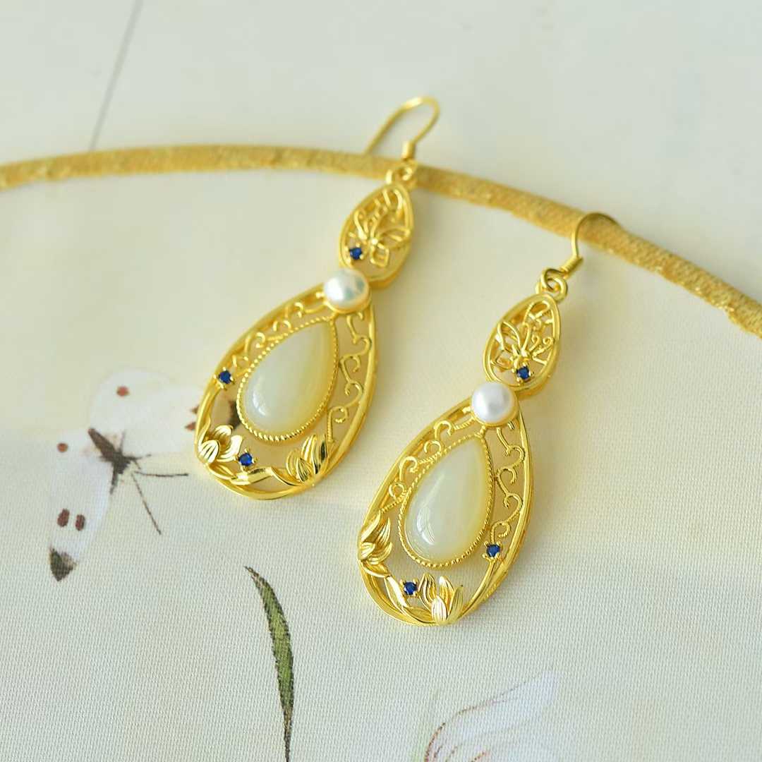 925 Silver Inlaid Nephrite "Lotus of Good Fortune" Teardrop Earrings