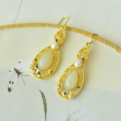 925 Silver Inlaid Nephrite "Lotus of Good Fortune" Teardrop Earrings