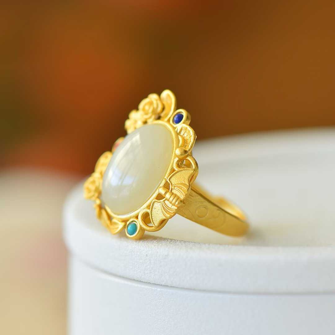 S925 Silver Inlaid Hetian Nephrite "Happiness Before One's Eyes" Ring