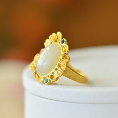 S925 Silver Inlaid Hetian Nephrite "Happiness Before One's Eyes" Ring